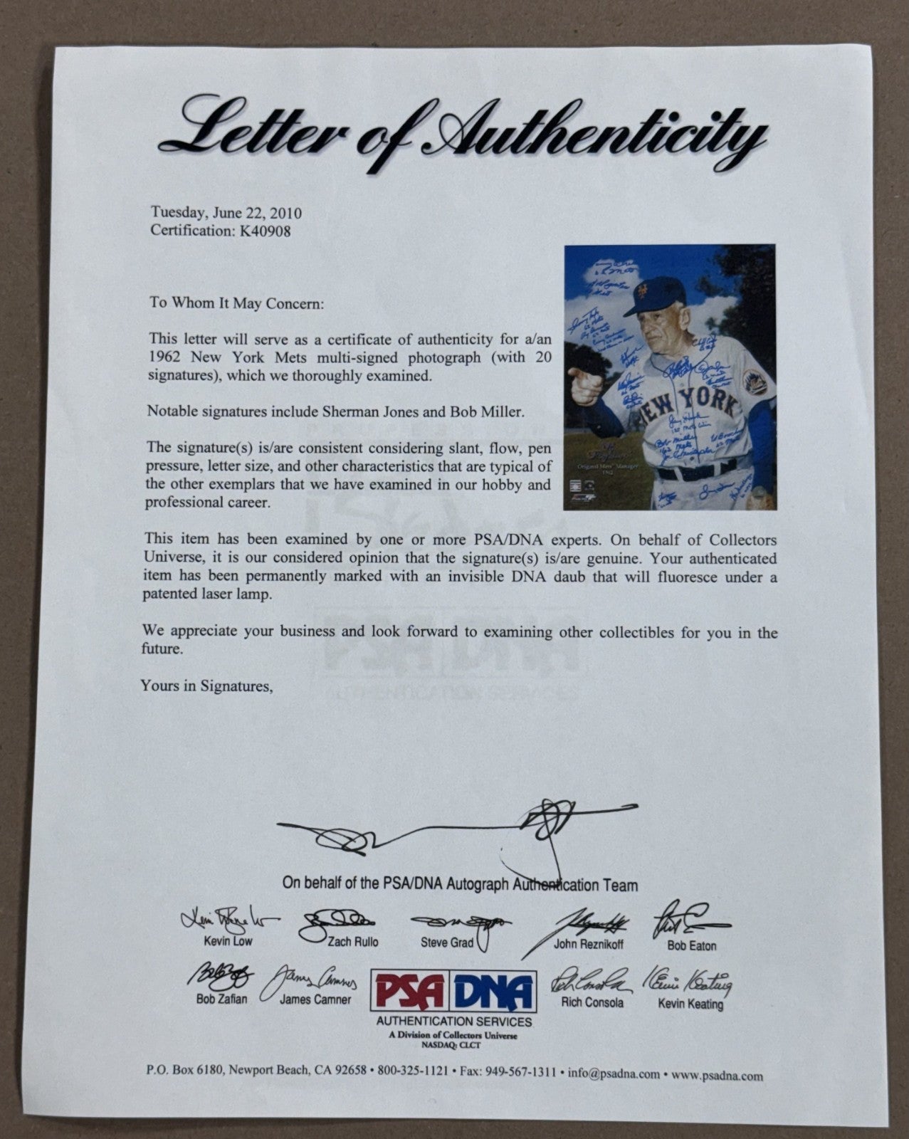 1962 New York Mets Signed 16x20 Photo Framed 20 Auto PSA LOA Jones Bob Miller