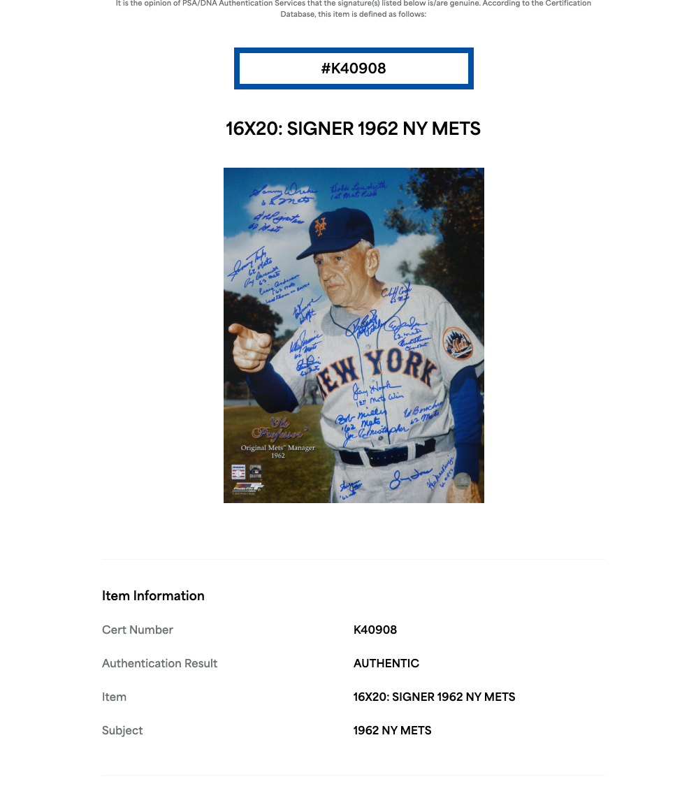 1962 New York Mets Signed 16x20 Photo Framed 20 Auto PSA LOA Jones Bob Miller