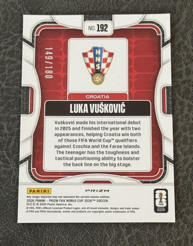 2026 Prizm FIFA World Cup Luka Vuskovic RC Yellow /180 #192 Rookie CROATIA Mint
