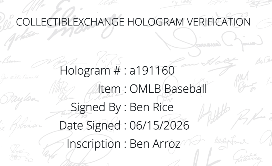 Ben Rice Signed Official MLB Baseball Ben Arroz Auto Steiner CX COA NY Yankees