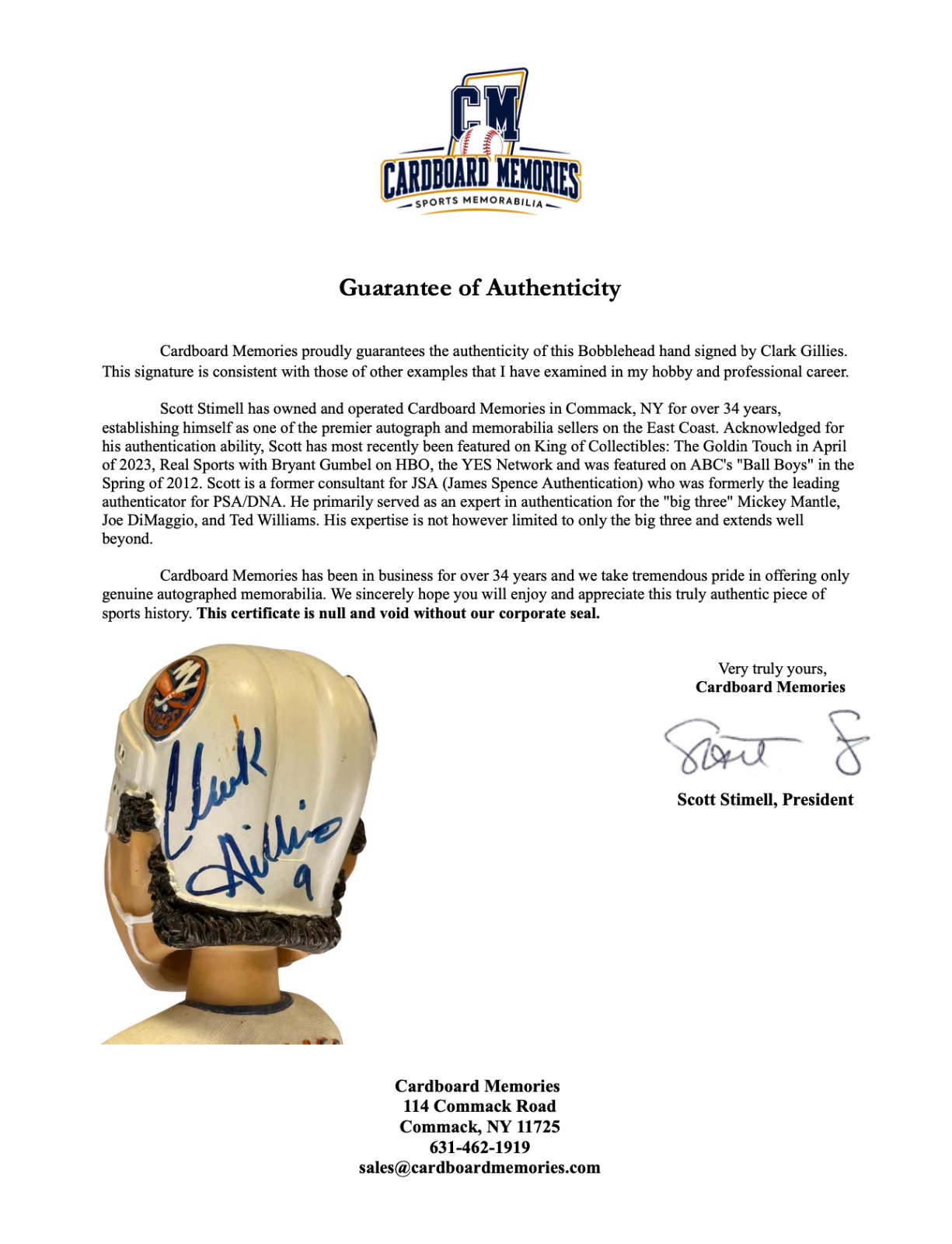 Clark Gillies Signed NY Islanders Bobblehead Auto CBM COA HOF