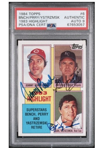 1984 Topps #6 Johnny Bench Carl Yastrzemski Gaylord Perry Signed HOF Psa 9 Auto