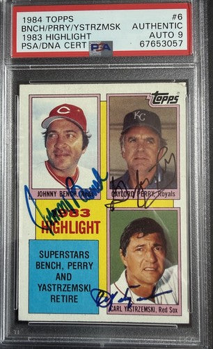 1984 Topps #6 Johnny Bench Carl Yastrzemski Gaylord Perry Signed HOF Psa 9 Auto