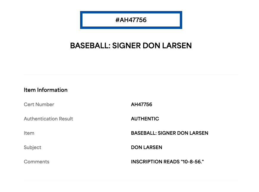 Don Larsen Signed Official AL Baseball 10 8 56 Auto PSA COA Yankees Perfect Game