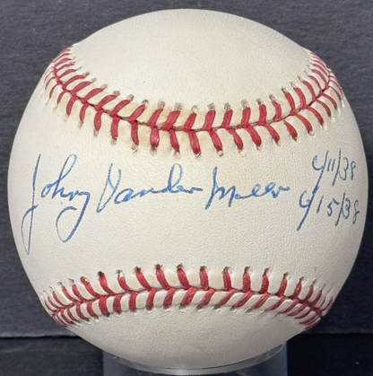 Johnny Vander Meer Signed NL Baseball Dated Back 2 Back No Hitter Auto Reds PSA