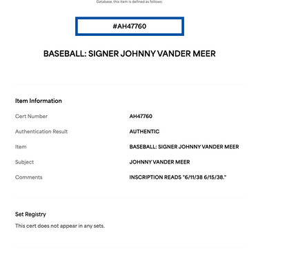 Johnny Vander Meer Signed NL Baseball Dated Back 2 Back No Hitter Auto Reds PSA
