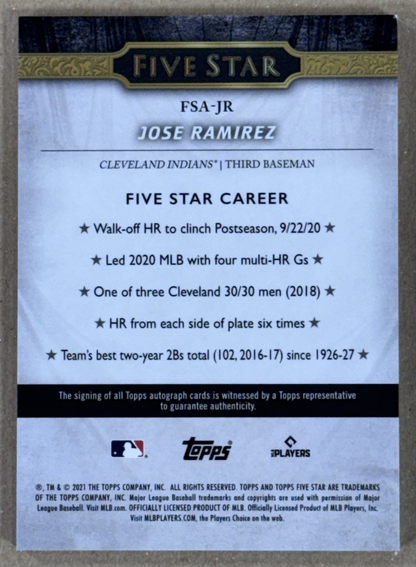 2021 Topps Five Star Jose Ramirez Auto #FSA-JR Cleveland Guardians