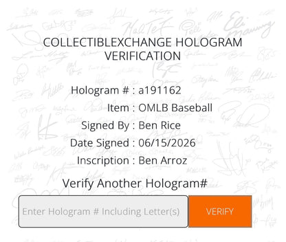 Ben Rice Signed Official MLB Baseball Ben Arroz Auto Steiner CX COA NY Yankees