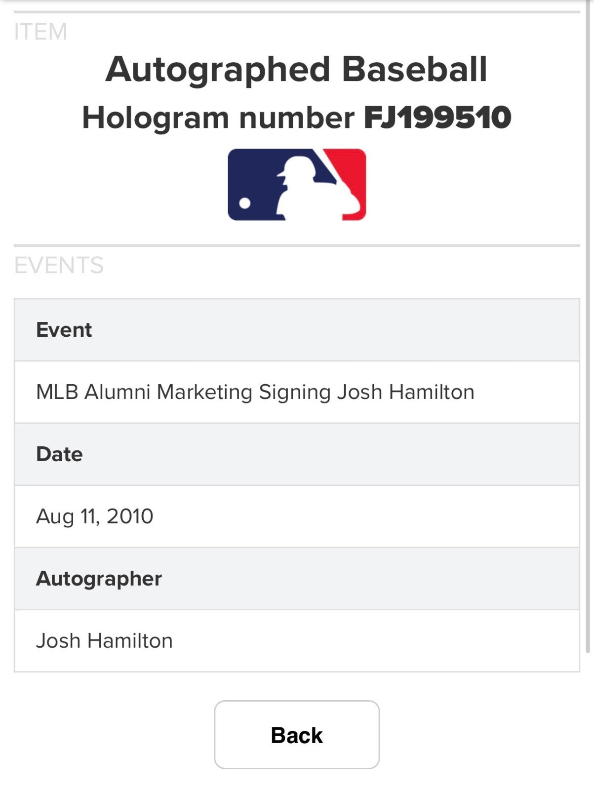 Josh Hamilton Signed Official Baseball MLB Holo COA Texas Rangers MVP