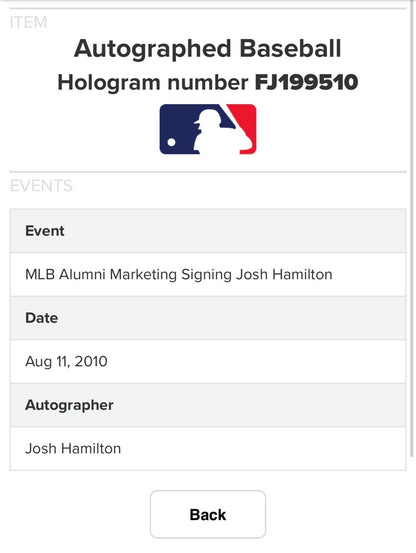 Josh Hamilton Signed Official Baseball MLB Holo COA Texas Rangers MVP