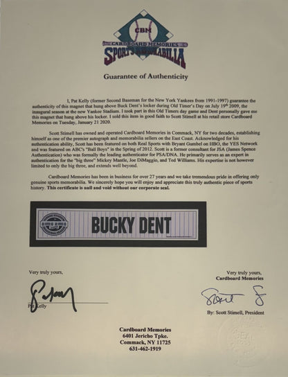 Bucky Dent NY Yankees Game Used 2009 Old Timers Day Locker Room Nameplate Coa
