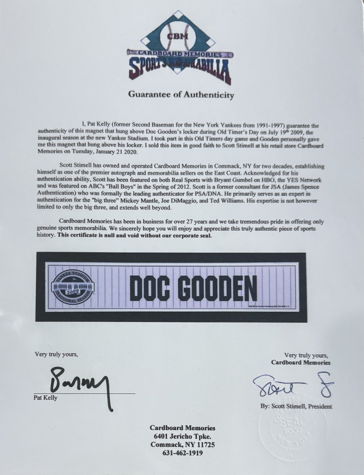 Doc Gooden Ny Yankees Game Used 2009 Old Timers Day Locker Nameplate Player COA