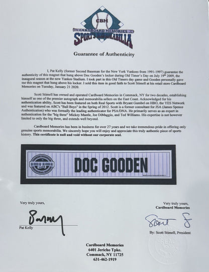 Doc Gooden Ny Yankees Game Used 2009 Old Timers Day Locker Nameplate Player COA