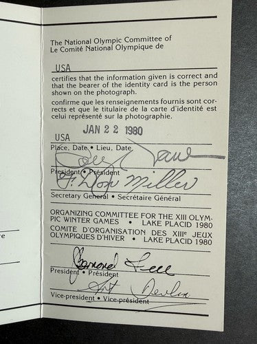1980 Winter Olympic Rare Identity Card Access Ticket Lake Placid Usa Hockey Mint