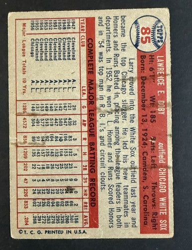 1957 Topps Baseball Larry Doby #85 VG - Ex Centered  Wax On Back HOF White Sox