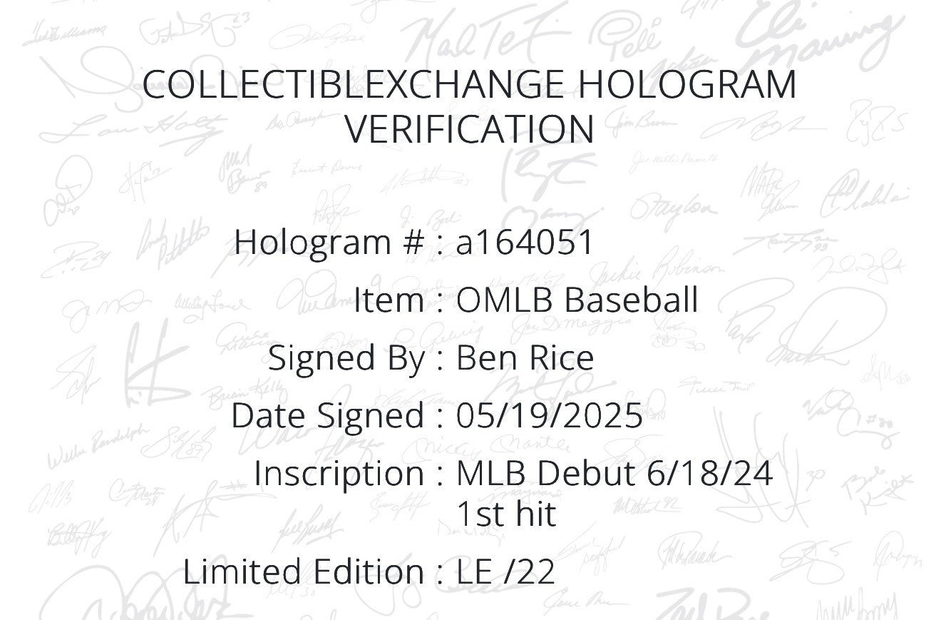 Ben Rice Signed Official Baseball Yankees MLB Debut 1st Hit Auto /22 Steiner COA
