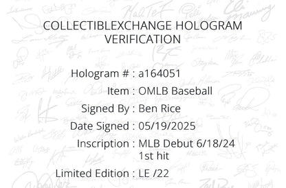 Ben Rice Signed Official Baseball Yankees MLB Debut 1st Hit Auto /22 Steiner COA