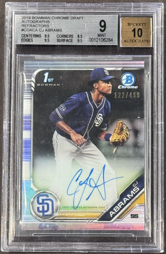2019 Bowman Chrome Draft Auto CJ Abrams Silver Refractor /499 BGS 9 Nationals RC