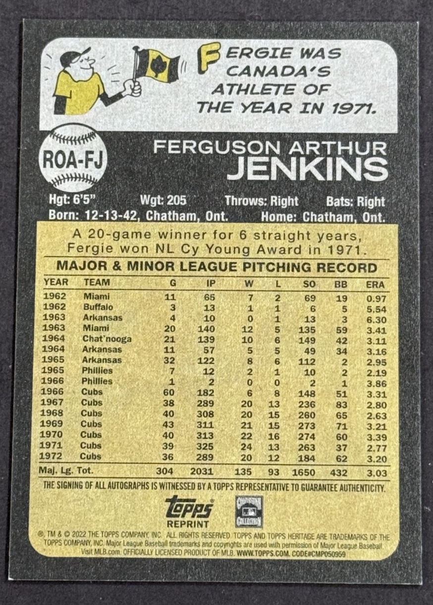2022 Topps Heritage Fergie Jenkins Auto #ROA-FJ Chicago Cubs HOF