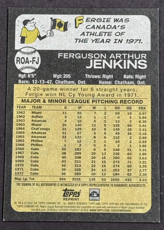 2022 Topps Heritage Fergie Jenkins Auto #ROA-FJ Chicago Cubs HOF