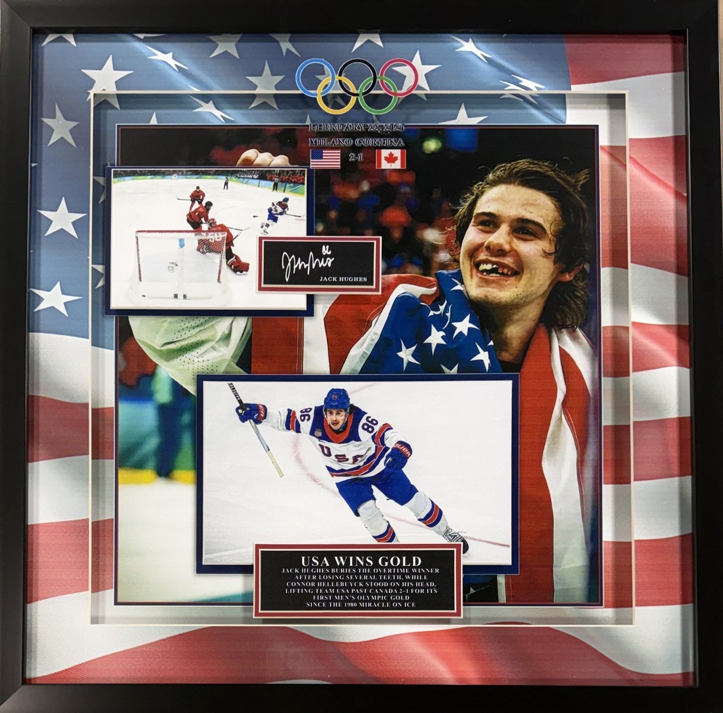Jack Hughes USA Hockey Photo Framed 3D Shadowbox 26 Olympic Gold Facsimile Auto