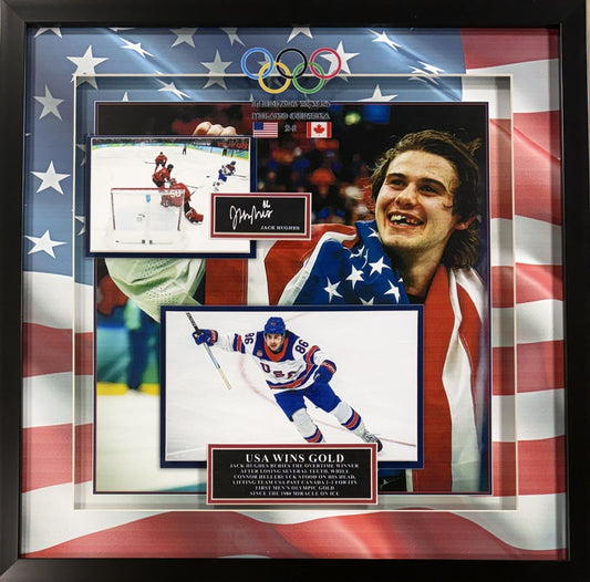 Jack Hughes USA Hockey Photo Framed 3D Shadowbox 26 Olympic Gold Facsimile Auto