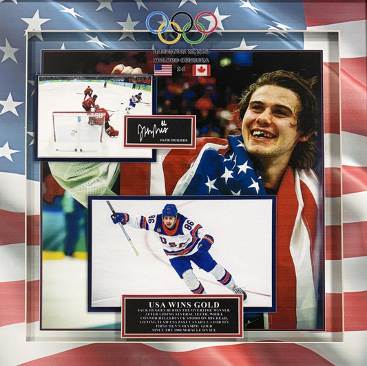 Jack Hughes USA Hockey Photo Framed 3D Shadowbox 26 Olympic Gold Facsimile Auto