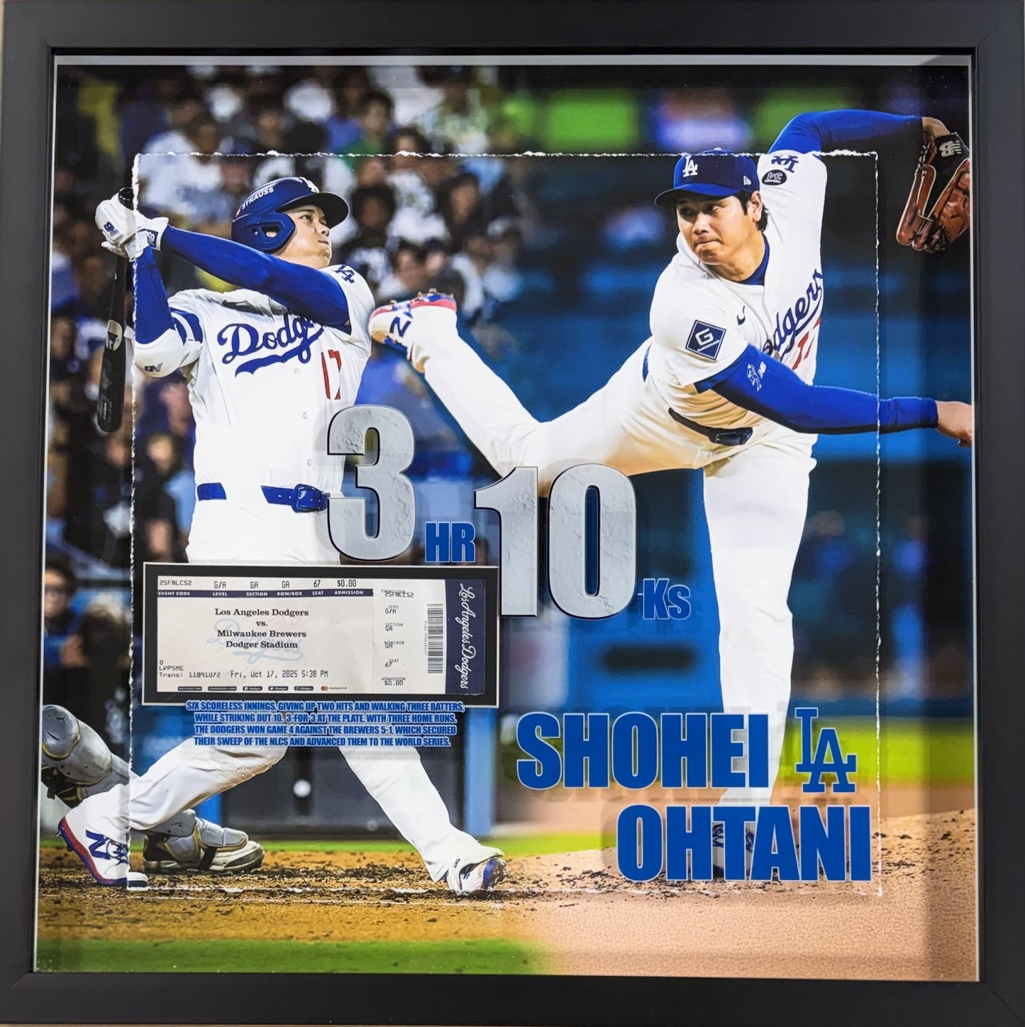 Shohei Ohtani Dodgers 2025 Nlcs Mvp 10ks 3HR Game 4 Ticket Framed 3D Shadowbox