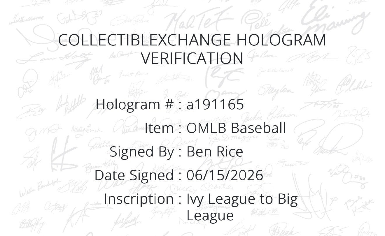 Ben Rice Signed Official Baseball Ivy League To Big League Auto Steiner Yankees