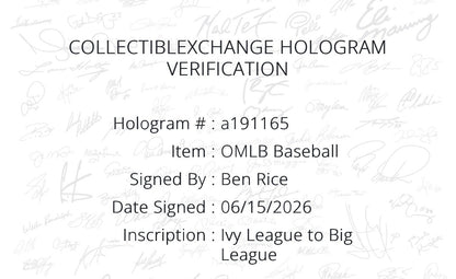 Ben Rice Signed Official Baseball Ivy League To Big League Auto Steiner Yankees