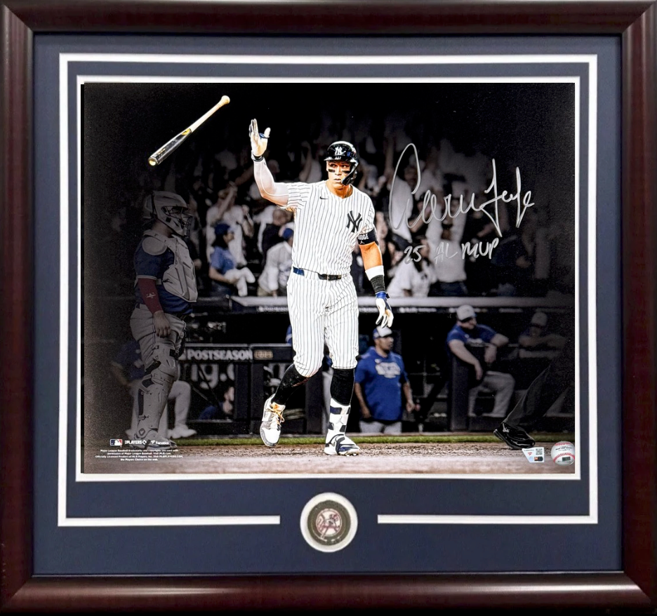 Aaron Judge Yankees Signed 16x20 Photo Framed Bat Flip 2025 MVP Auto Fanatics