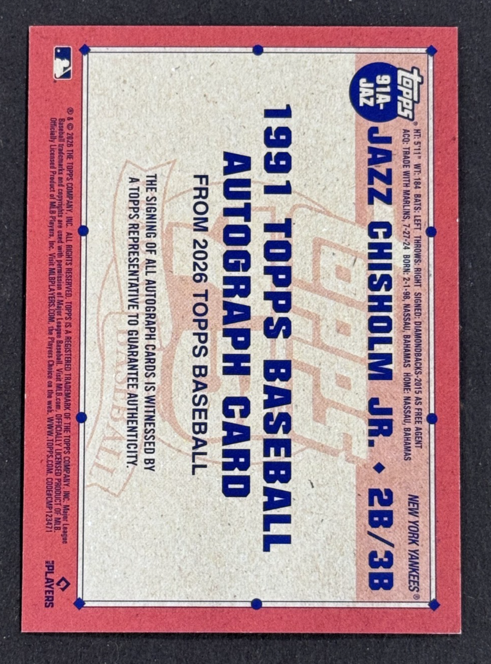 2026 Topps Series 1 Jazz Chisholm Jr Red 1991 Auto LE /5 #91A-JAZ NY Yankees