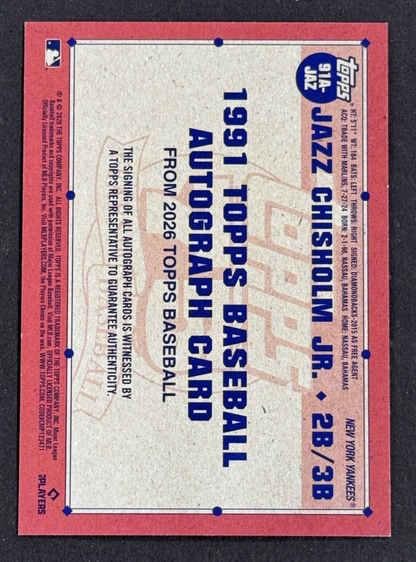 2026 Topps Series 1 Jazz Chisholm Jr Red 1991 Auto LE /5 #91A-JAZ NY Yankees