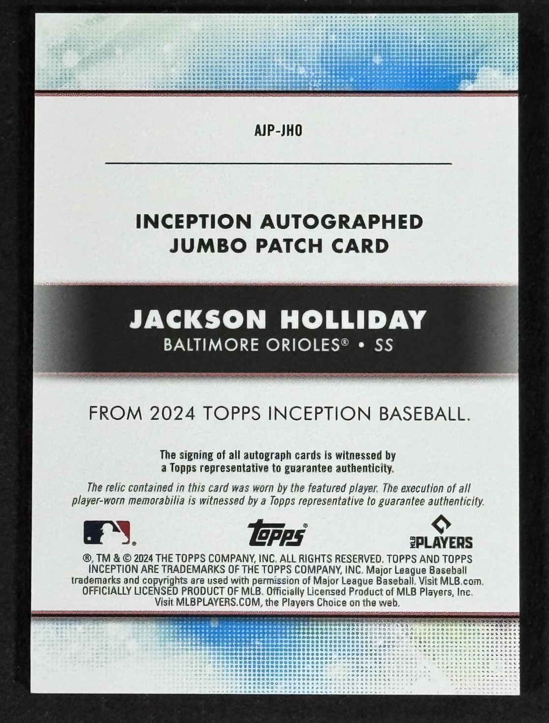 2024 Topps Inception Jackson Holiday RC Patch Auto LE/125 Orioles Rookie Mint