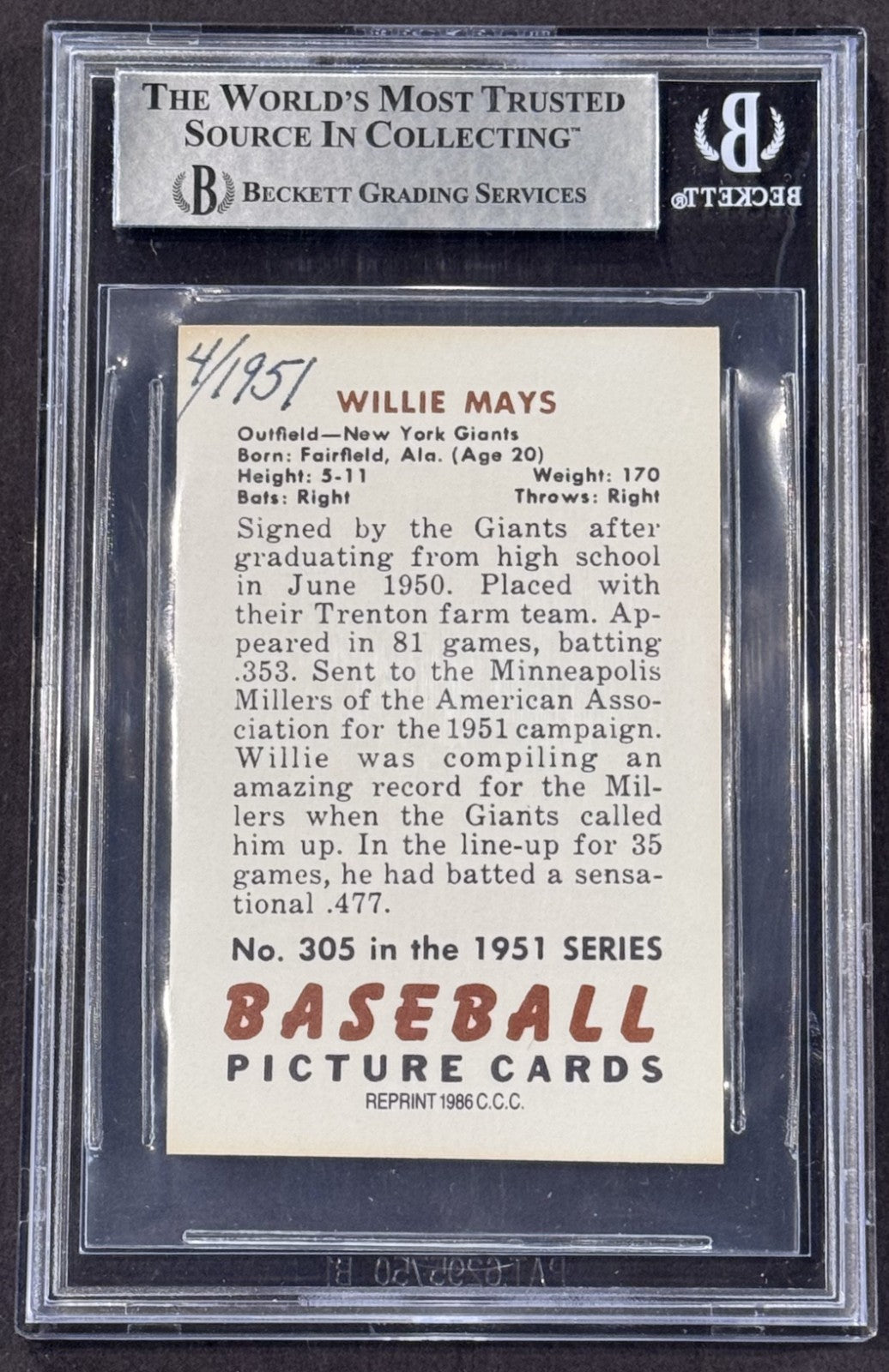 1951 Bowman Willie Mays RC Reprint LE/1951 Signed Auto BAS Authentic Giants HOF