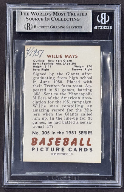 1951 Bowman Willie Mays RC Reprint LE/1951 Signed Auto BAS Authentic Giants HOF