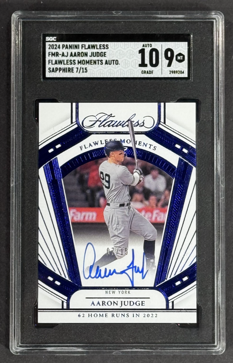2024 Panini Flawless Aaron Judge Sapphire Moments Auto /15 SGC 9 Auto 10 Yankees