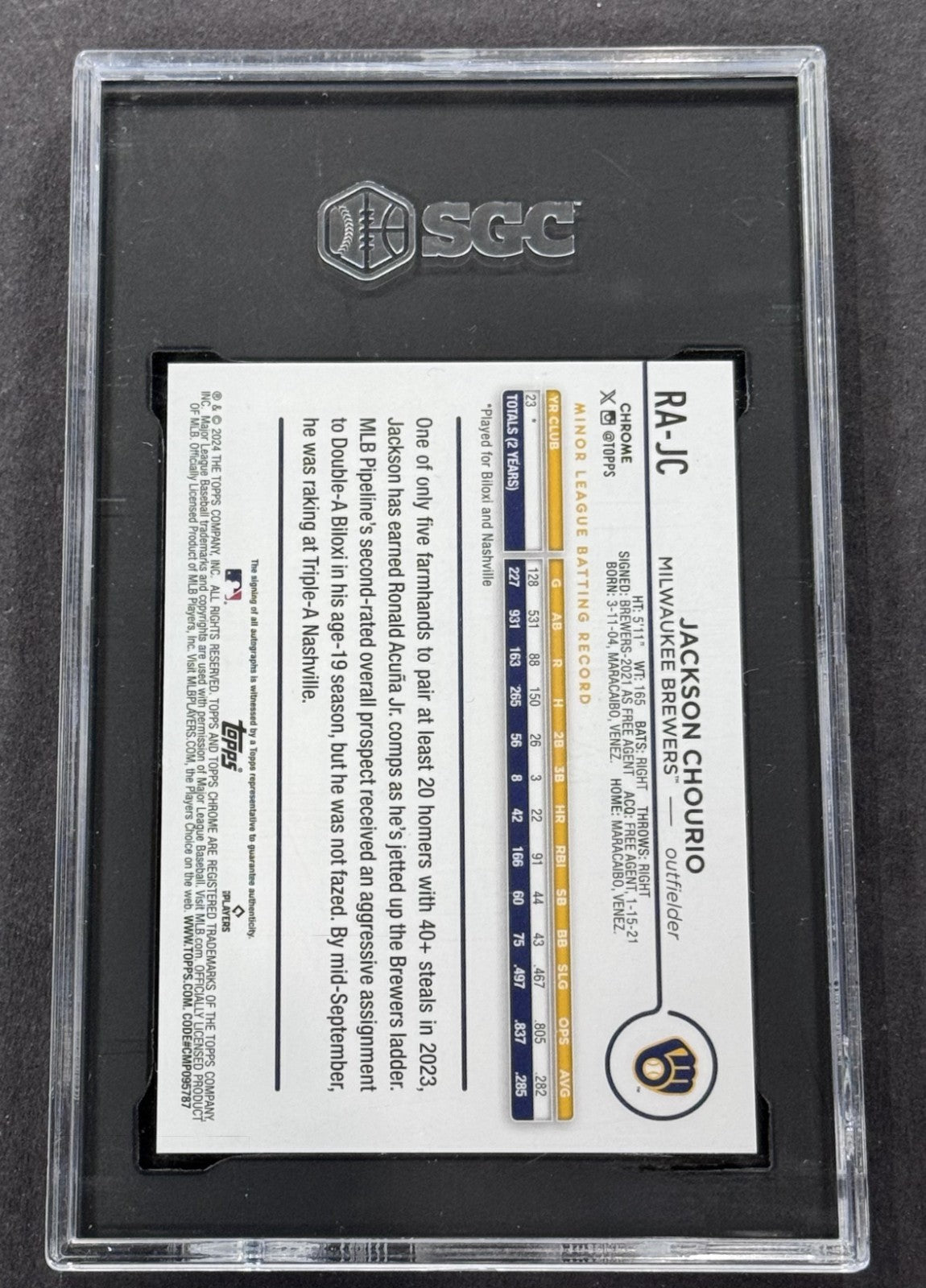2024 Topps Chrome Update Jackson Chourio Orange Lava Auto /35 SGC 9.5 Brewers RC