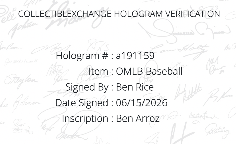 Ben Rice Signed Official MLB Baseball Ben Arroz Auto Steiner CX COA NY Yankees