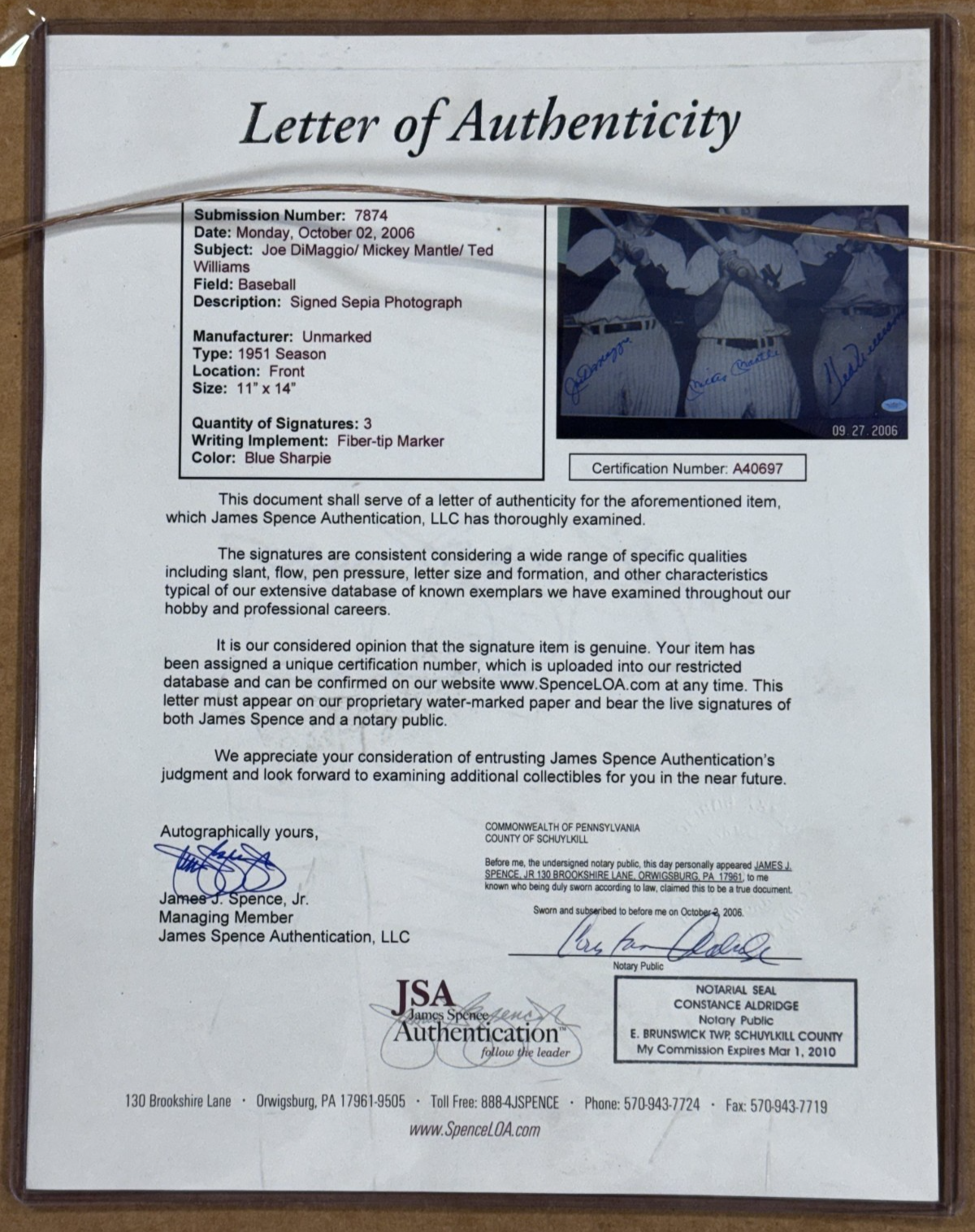 Joe DiMaggio Mickey Mantle Ted Williams Signed 11x14 Photo Framed Auto JSA LOA