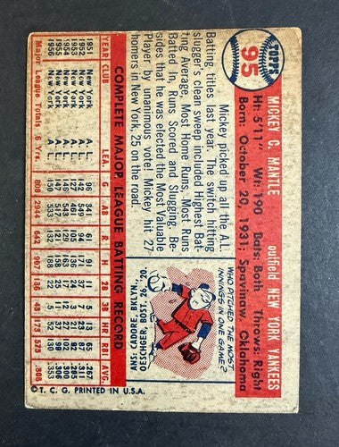 1957 Topps Set-Break # 95 Mickey Mantle Vg - Ex Nice Eye Appeal  Yankees HOF