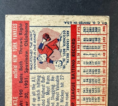 1957 Topps Set-Break # 95 Mickey Mantle Vg - Ex Nice Eye Appeal  Yankees HOF