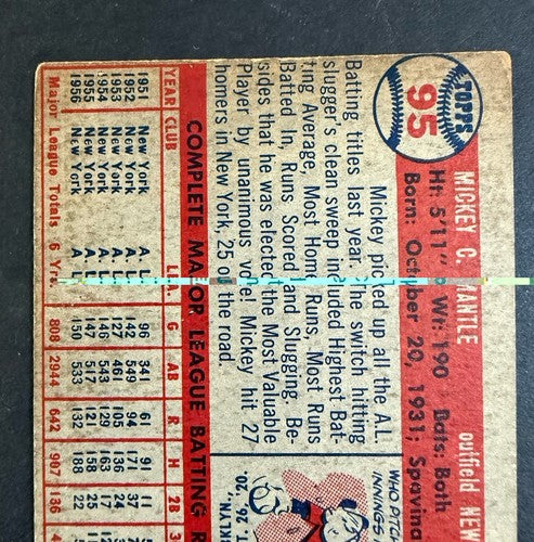 1957 Topps Set-Break # 95 Mickey Mantle Vg - Ex Nice Eye Appeal  Yankees HOF
