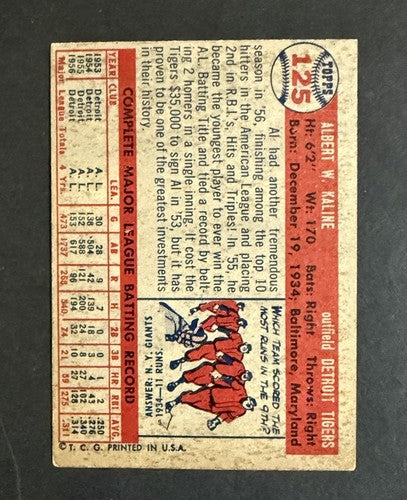 1957 Topps Set-Break #125 Al Kaline EX. HOF Detroit Tigers