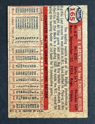 1957 Topps Ted Kluszewski EX  #165 Muscle Jersey Shirt Cincinnati Reds