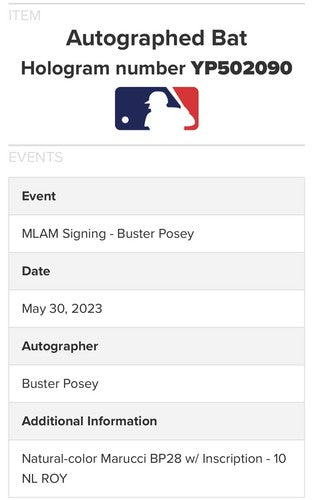 Buster Posey Signed Marucci Game Model Bat 2010 NL ROY Auto Giants MLB Holo COA