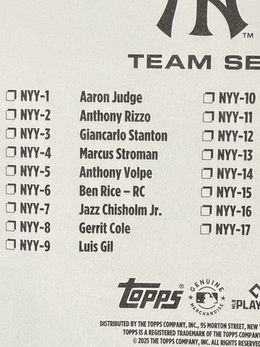 Ny Yankees 2025 Topps Factory Sealed Team Set Aaron Judge Ben Rice Rookie Mint