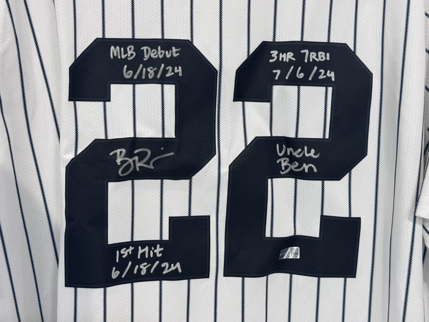 Ben Rice Signed New York Yankees #22 Nike Jersey Size XL 4 Stat Auto CX COA