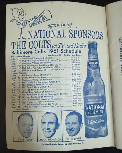 1961 BALTIMORE COLTS MEDIA GUIDE Yearbook JOHNNY UNITAS Press Book Program AD
