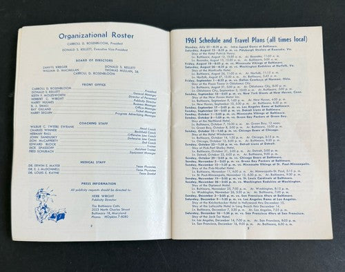 1961 BALTIMORE COLTS MEDIA GUIDE Yearbook JOHNNY UNITAS Press Book Program AD